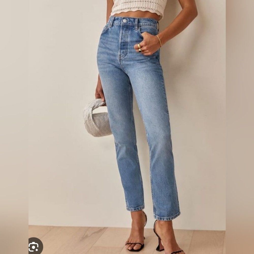 Reformation Cynthia Mushroom Embroidered High Rise Straight Medium Wash Jeans 24 - Picture 2 of 11